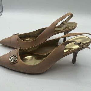 Coach Nude/Tan Slingback Pointed Toe Heels with Logo Medallion